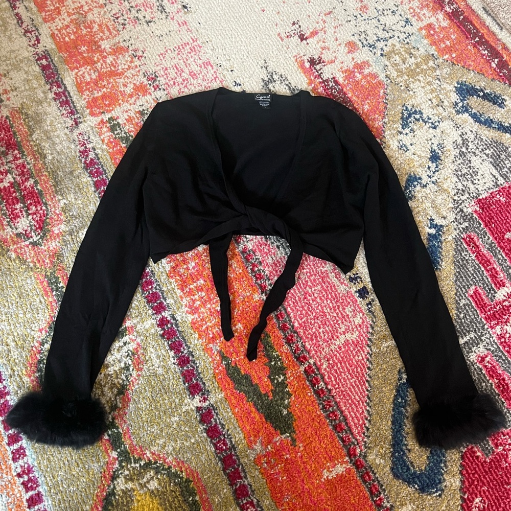 Vintage Black Tie-Front Crop Top with Fur Cuffs